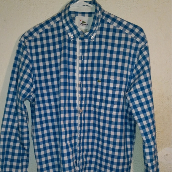 Lacoste Men's Teal Blue & White Checkered Button Down Shirt / M - Picture 4 of 9
